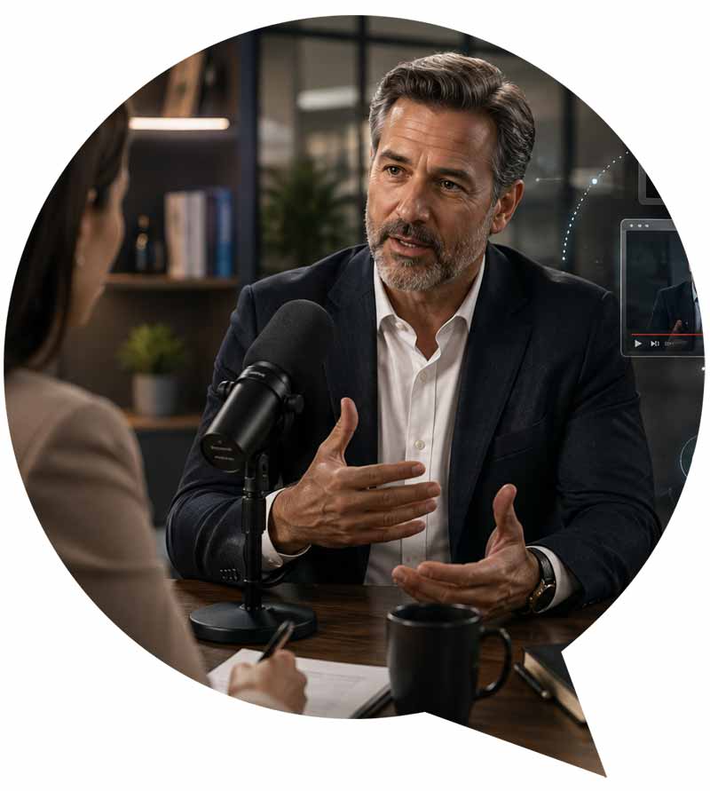 Executive sharing ideas in an interview that travel into articles, video, search and AI
